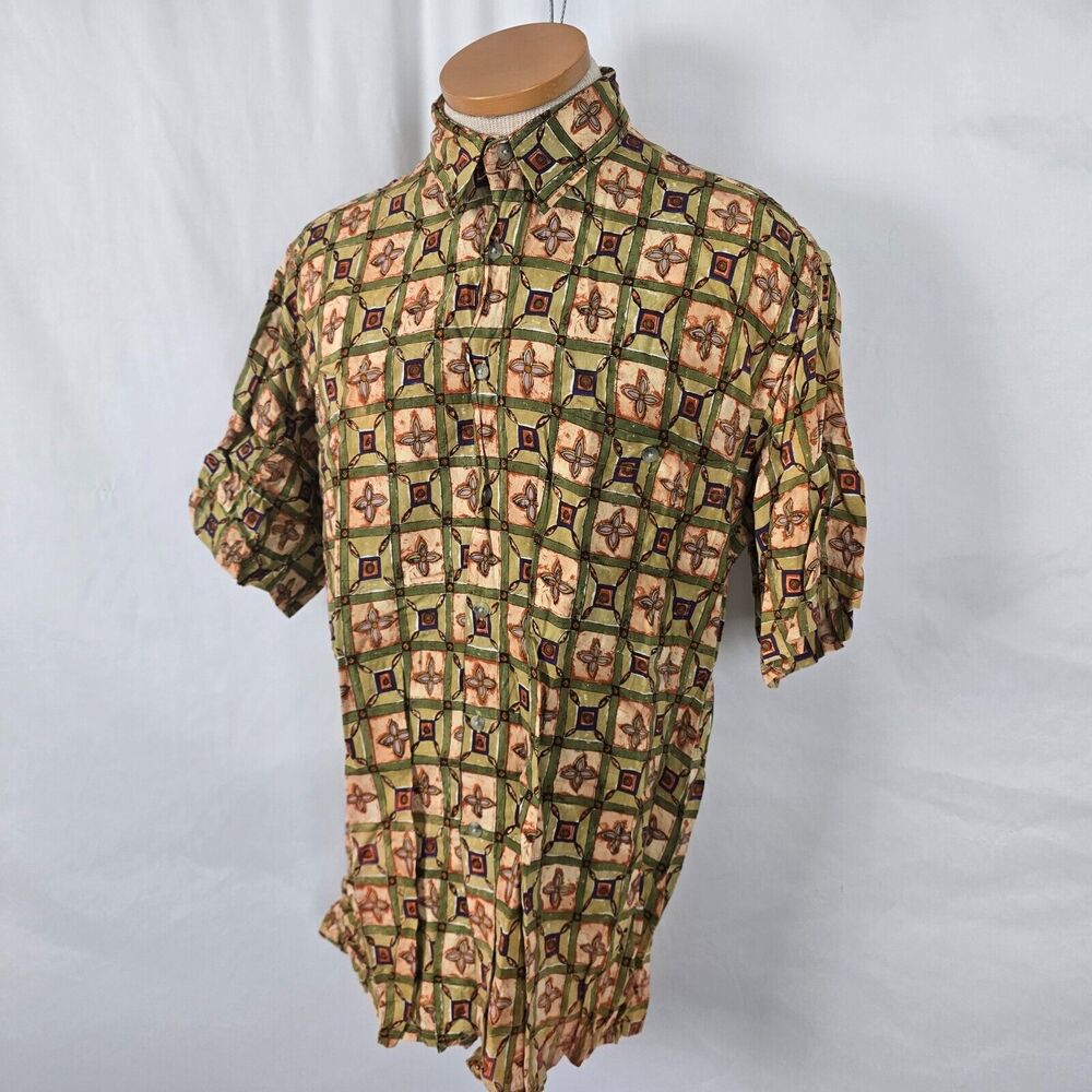 Campia Moda Shirt Men's M Green Tan Geometric Print Button Down Short Sleeve - Picture 11 of 14
